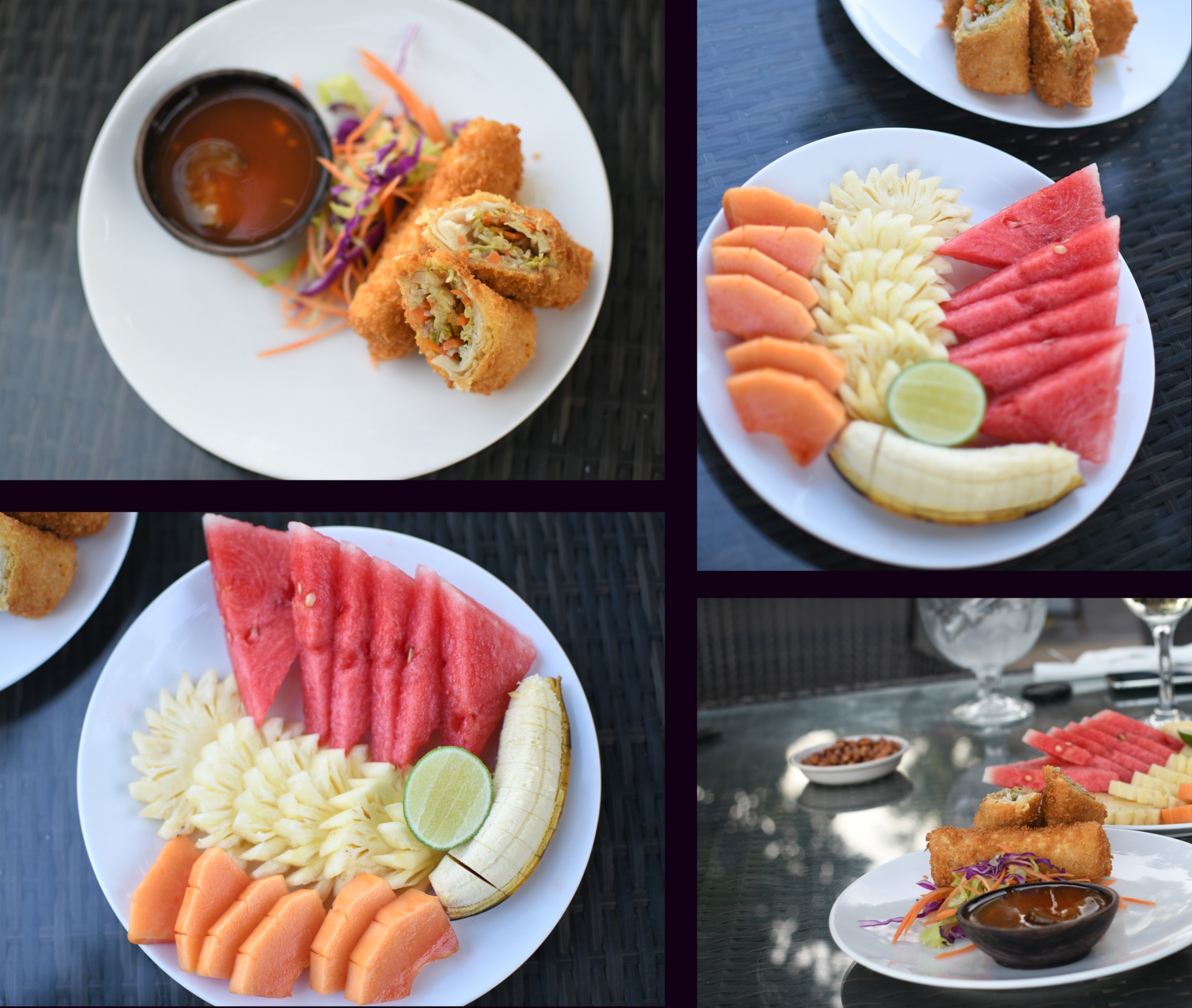 Spring rolls 3$ and a fruit plate 2.50$ glass of wine 5$ for happy hour buy two get one free (Canadian money)