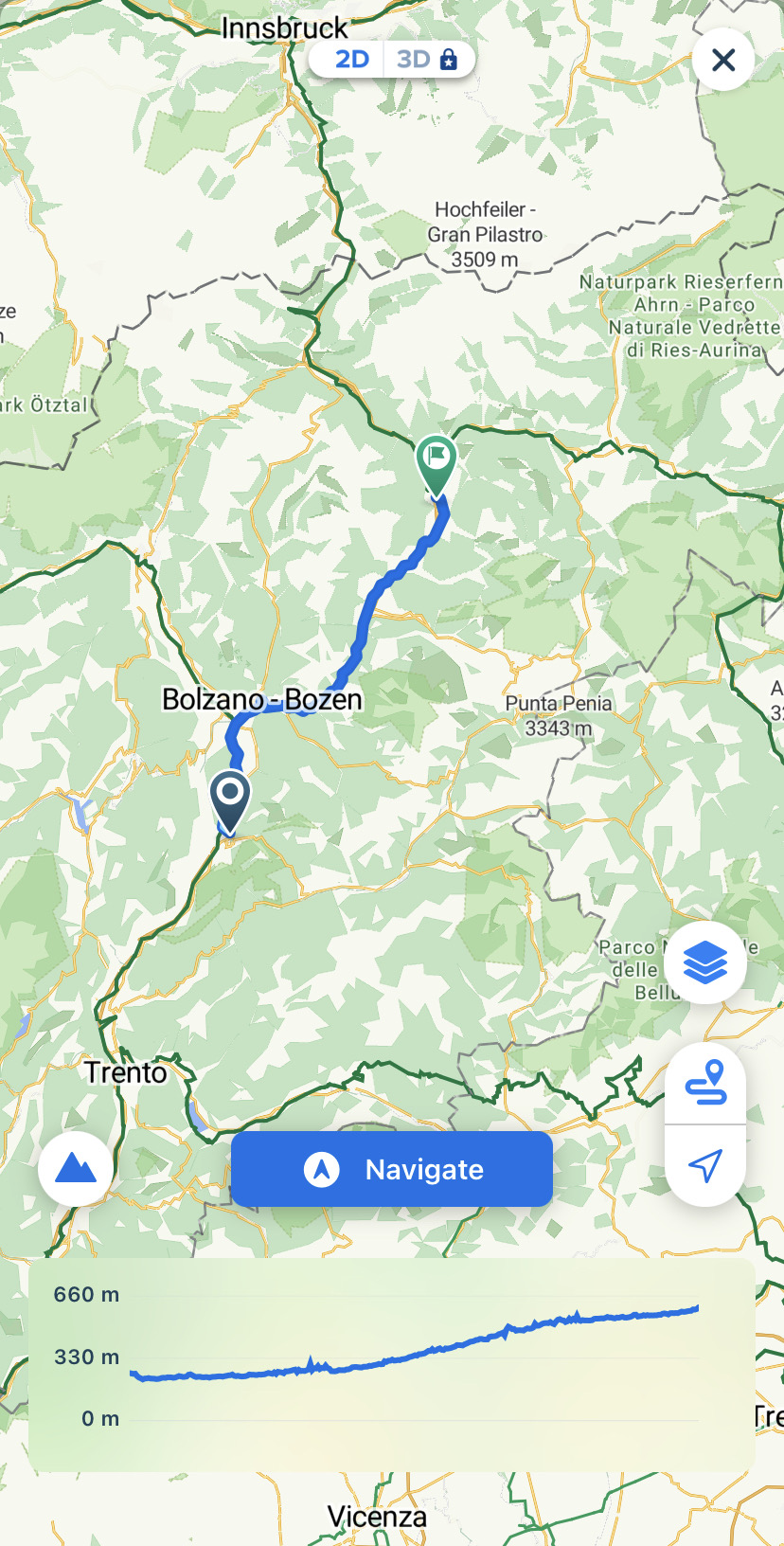 Day 4 map: Auer - Ora to Brixen 71 km (Bikemap App)