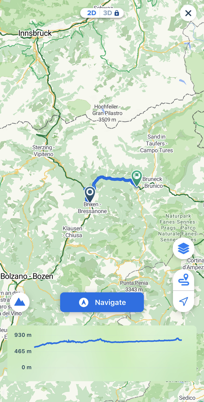 Day 5 map part 1: Brixen to Bruneck 36 km (Bikemap App)