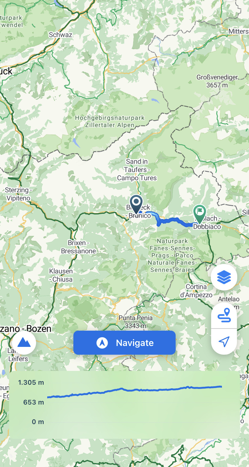Day 5 map part 2: Bruneck to Toblach 36 km (Bikemap App)