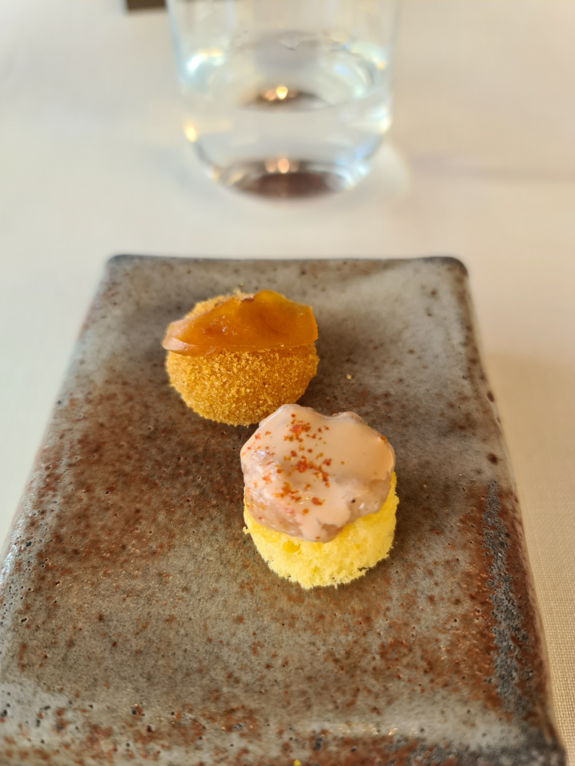 Gray mullet roe gummy and sponge cake with shrimps.