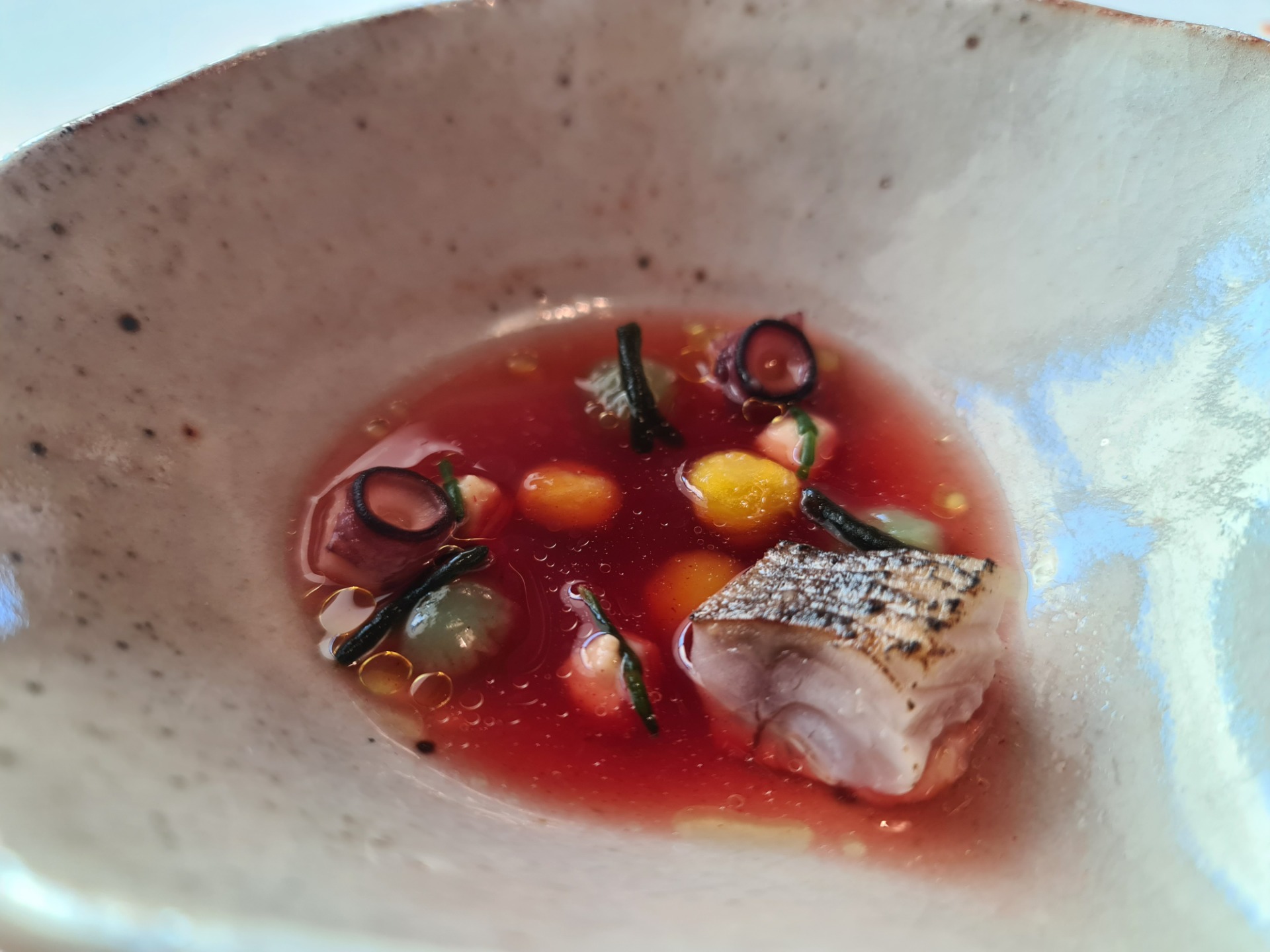 ”Sour and Spicy Stock”, third snack from the tasting menu (3).