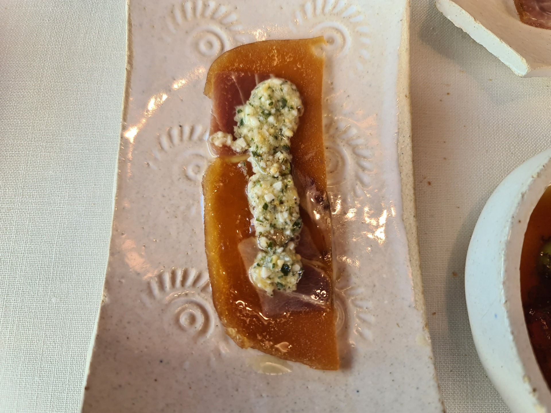 Bluefin tuna gelatinous cold cuts with tartar sauce - Second sequence from ”Tuna Sequence” (Seventh main dish) (1).