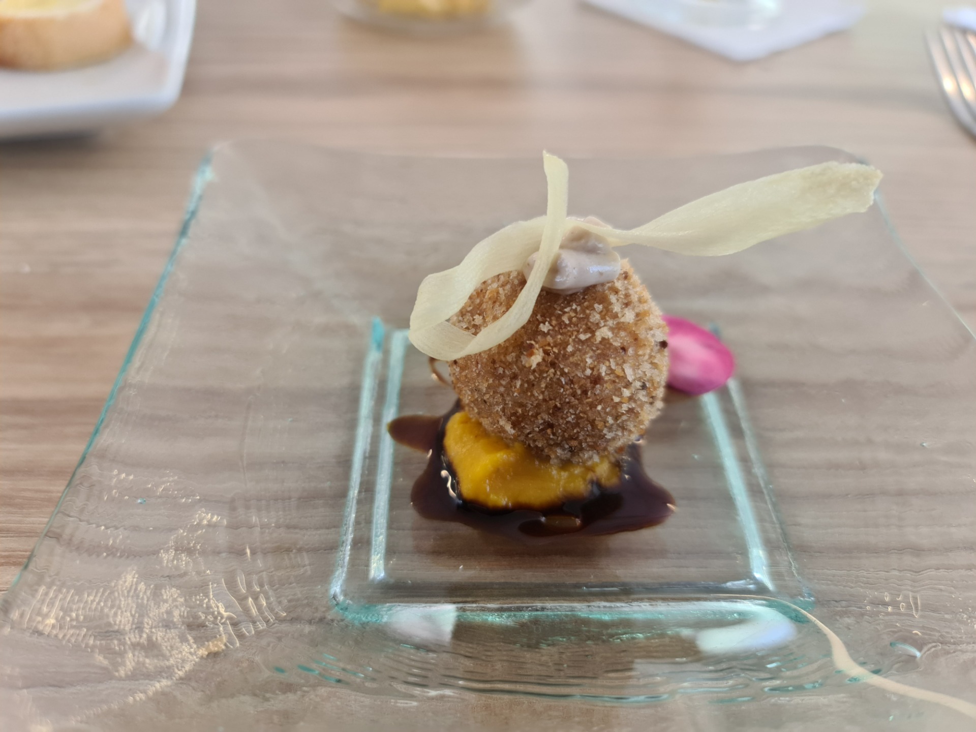Roasted chicken croquette on stewed vegetables cream and balsamic vinegar - First starter (1).
