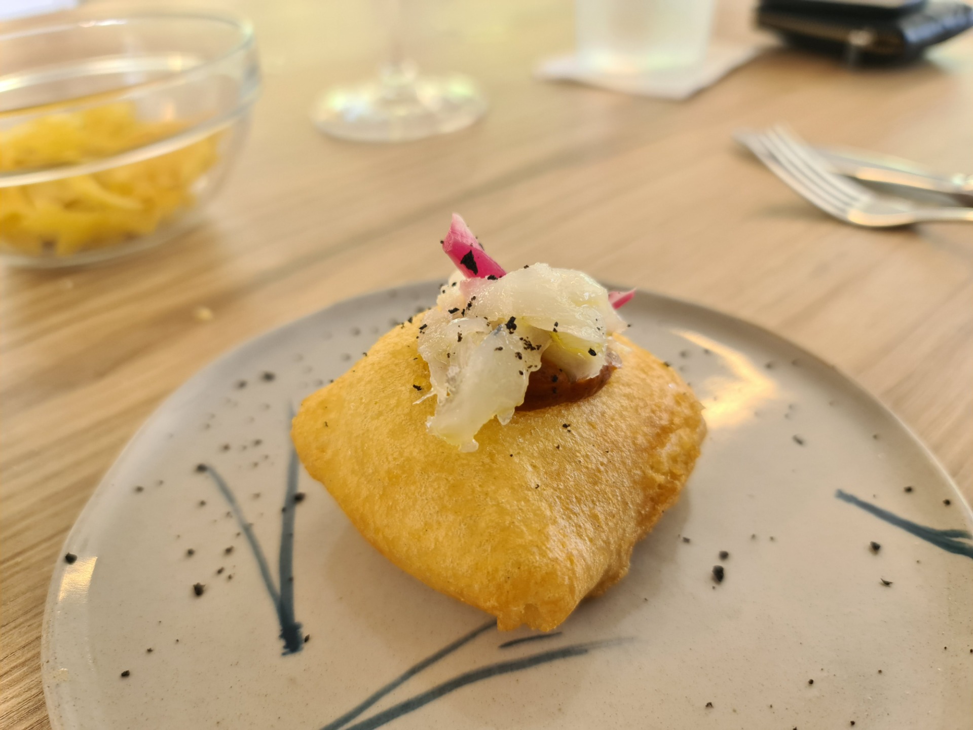 Cod brandade stuffed fritter with topping - Second starter (2).