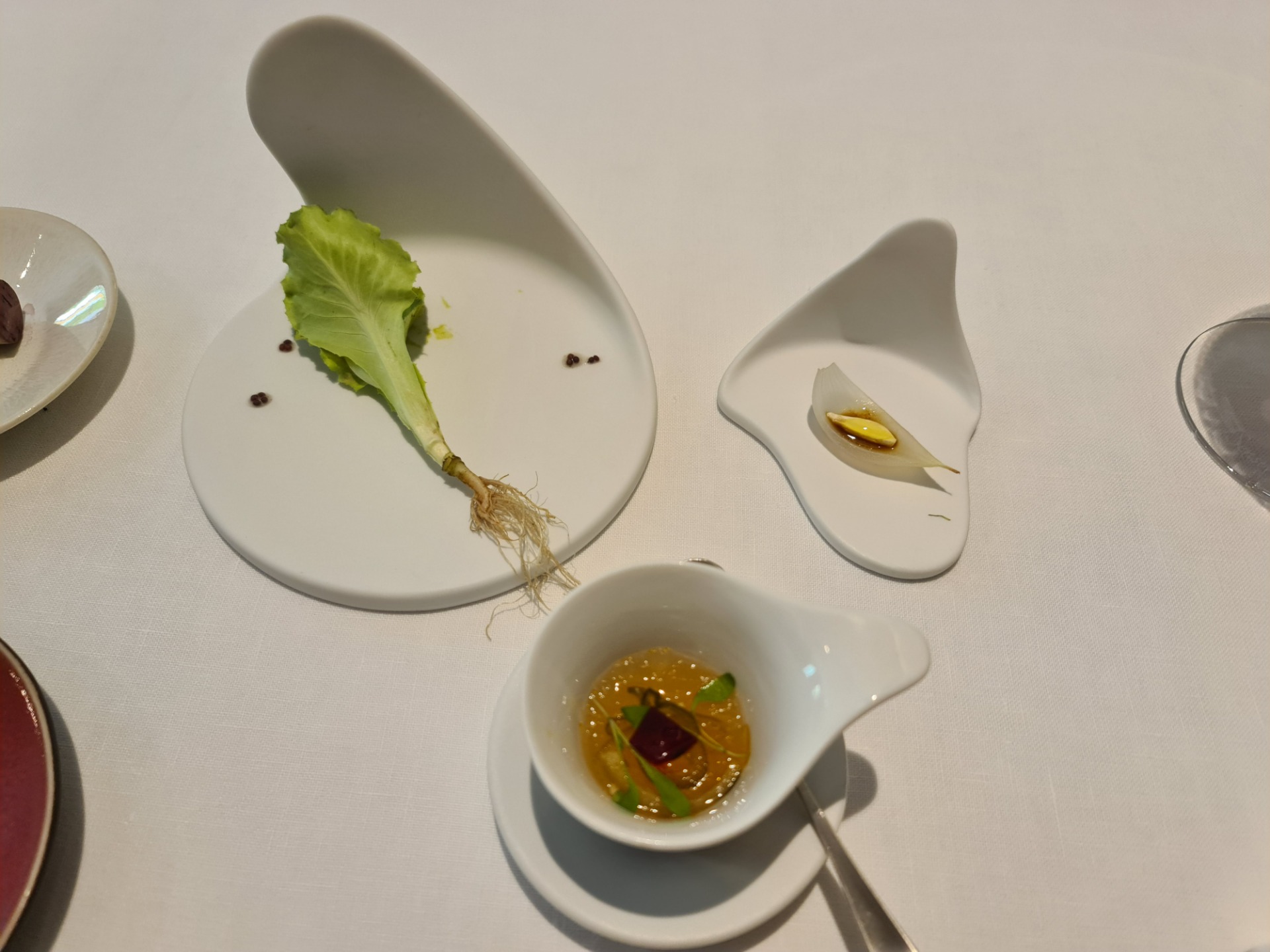 ”Maravilla” (wonder) lettuce with homemade mustard + Roasted spring onion with tender almond and licorice + Pickles with salt and water (First, Second and Third starters).