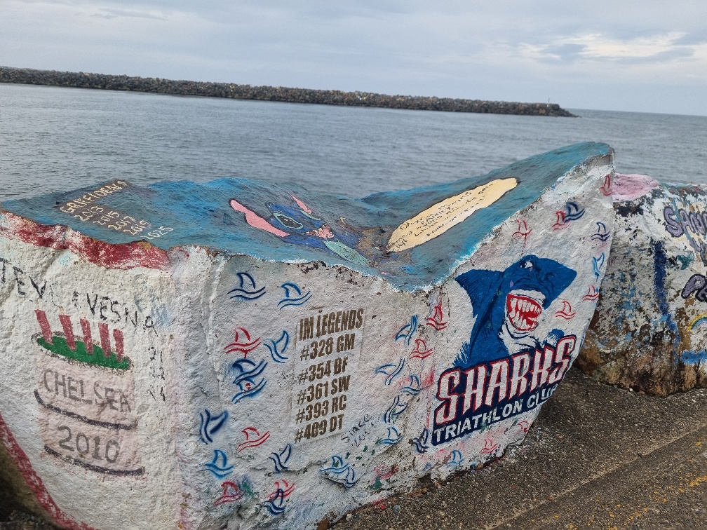The Northern end of the beach is a lot more interesting. The break wall protecting the Hastings River and my two favorite painted rocks.