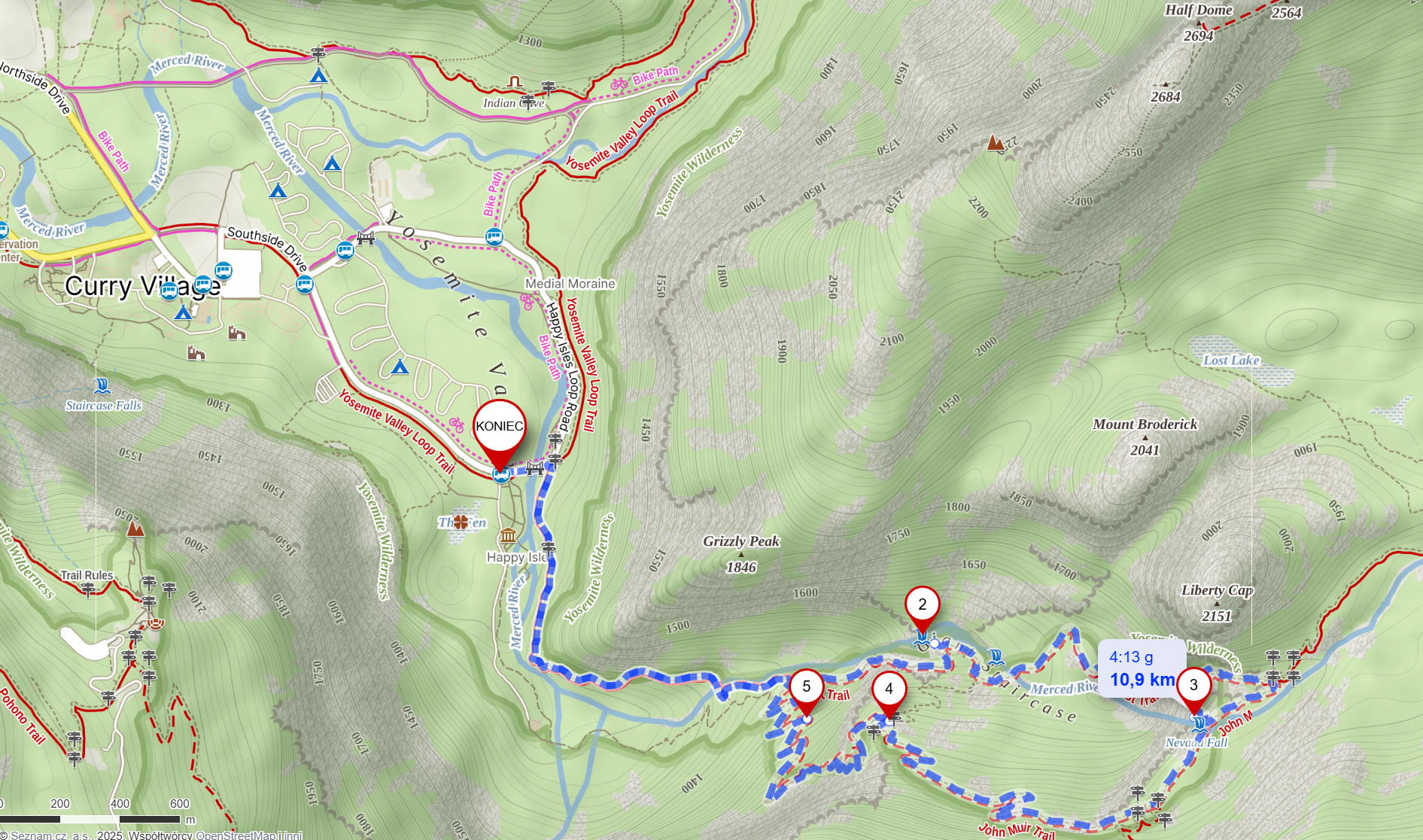 Vernal and Nevada Falls loop (11km, 670m of total elevation gain)