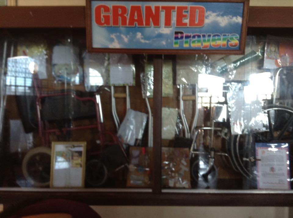 Granted prayers of disabled people. They donated their wheelchairs to the shrine because they can finally walk.